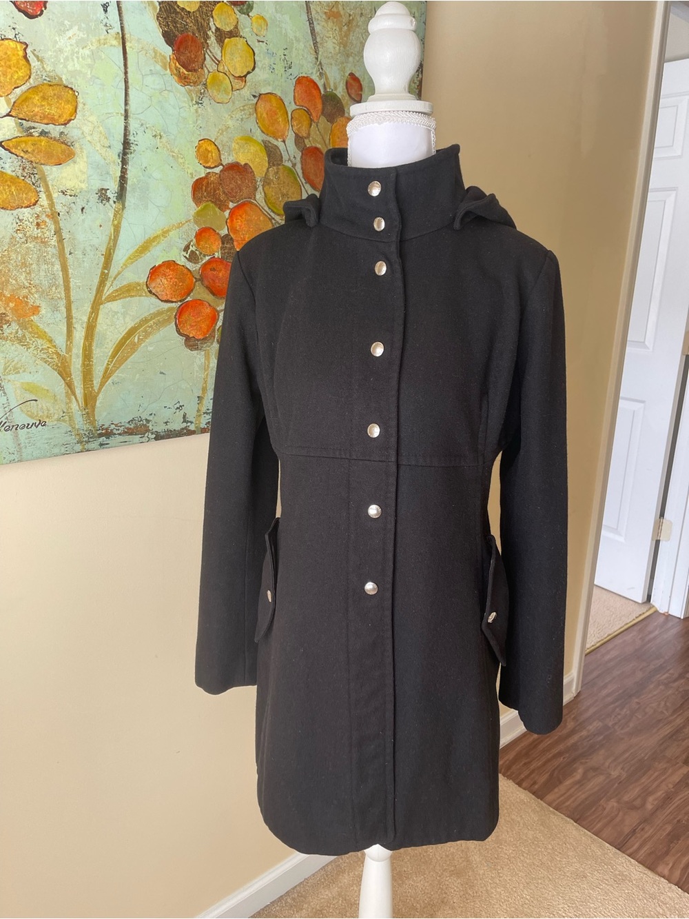 Michael Kors Black Wool Pea Coat with Snap Front